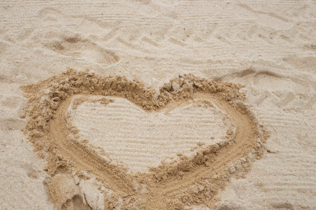 The contour of the heart drawn on the sand. Natural background for text, template.