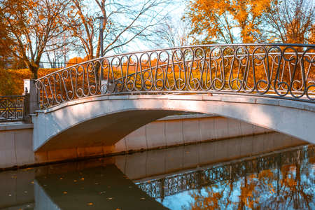 Pedestrian bridge across the river in the city park. picturesque autumn landscape.の写真素材