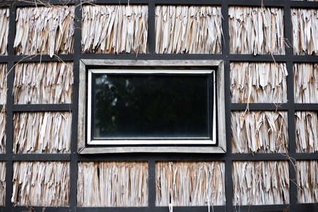 dark window in the wall of reed leaves. Tropical background for text, template.