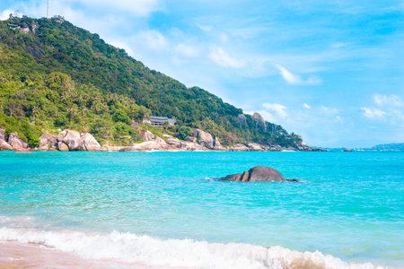 tropical seascape. Blue sea and mountains on a sunny day on a tropical island in Thailand. Travel...