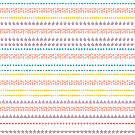 Simple seamless pattern of lines of dots, stars and triangles. Vector drawing for fabric, background.のイラスト素材