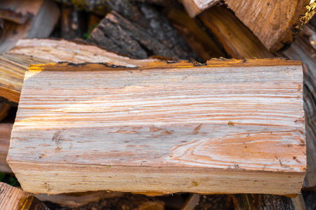 Wooden log split in half. Background for text. Preparation of firewood for heating in winter.