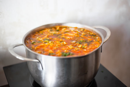 A pot of delicious, rich, fresh borscht on the stove, a selective trick. Cooking at home. Russian...