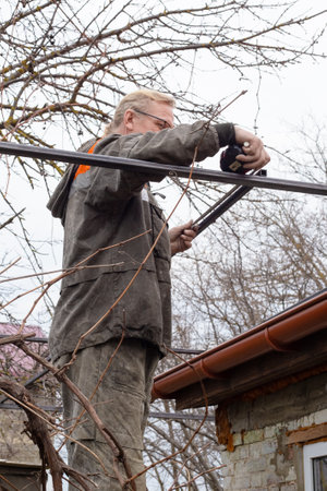 A man is making new trellises for the grapes in the garden near the house. Mounting a grape arbor.