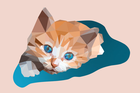 A beautiful kitten on a pillow looks with blue eyes. Low poly vector drawing.のイラスト素材