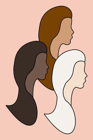 contours without a face of three women of different races standing side by side. Dark-skinned with black hair, yellow-skinned with brown hair, and light-skinned with blond hair. Friendship of peopleのイラスト素材