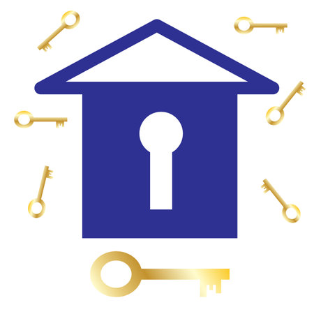 a simple drawing of a house with a keyhole and golden keys on a white background. The concept of new housing, keychain.のイラスト素材