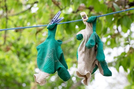 work protective gloves washed after work dry on a clothesline. The concept of gardening.の写真素材