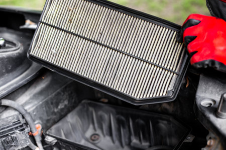 The mechanic removed the internal combustion engine air filter from the housing to replace it. car...