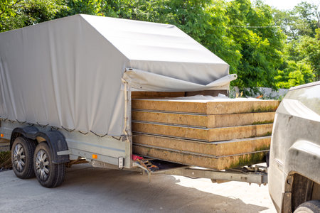 Transportation of facade insulated panels in a car trailer. loaded trailer.の写真素材