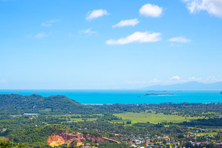 sea tropical landscape. Coastline with fields, mountains and vegetation, top view.