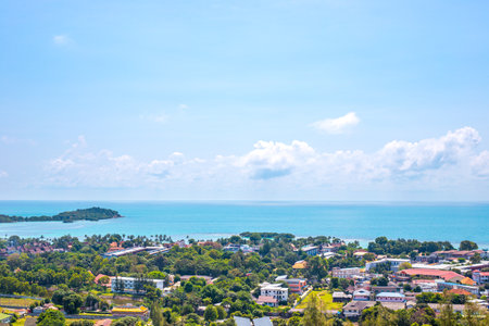 Coastline with houses and trees, top view. Sea tropical resort.の写真素材