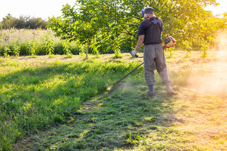 man mows the grass with a trimmer on a green field in the garden on a sunny summer day. Lawn care.