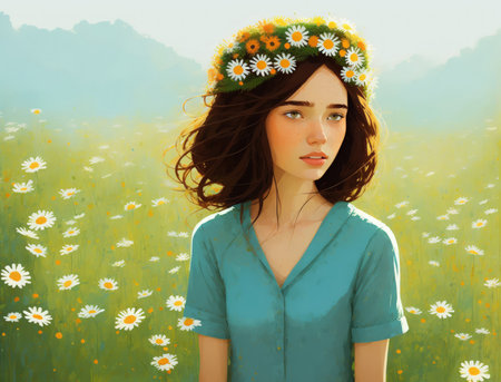 Drawing of a gentle teenage girl with freckles on her face with a wreath of daisies on her head in a field of flowers.の素材