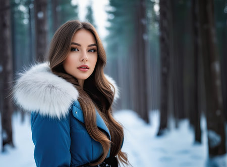 Beautiful young woman with long hair in a jacket with a fur white collar in a snowy forest. Winter walk.の素材
