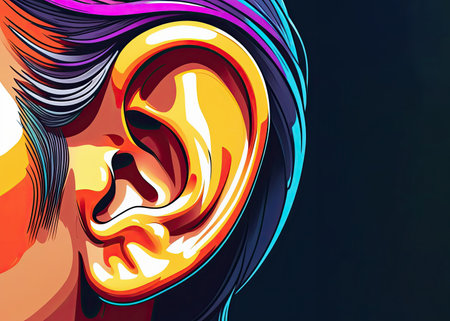 Close-up drawing of a human ear, bright colorful style, hearing problems.の素材