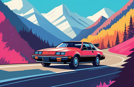 A car from the 80s drives along a winter mountain road. Bright drawing. Travelling by car.の素材
