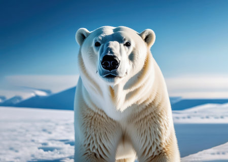 White polar bear, among the snow at the North Pole in the wild.