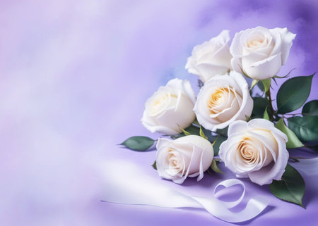 Bouquet of white roses on a watercolor lilac background with Place for text, card, congratulation.の素材