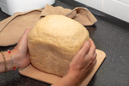 A loaf of freshly baked homemade bread from a bread machine in the hands of a woman. Cook at home.