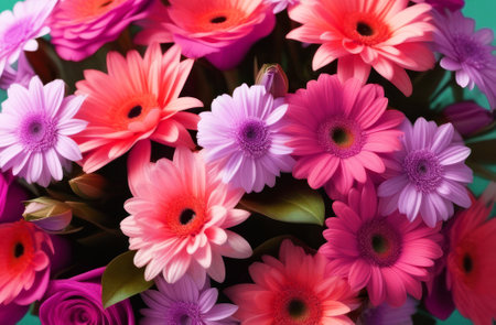 Gerbera flowers of different colors close-up. Background of flowers.の素材