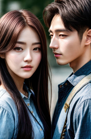 A couple of young Asian people, a girl and a guy, are standing close to each other. Teenage relationships.の素材