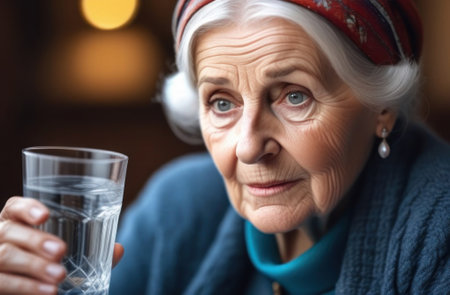 An old grandmother with gray hair holds a glass of water in her hands. Help for elderly people.の素材