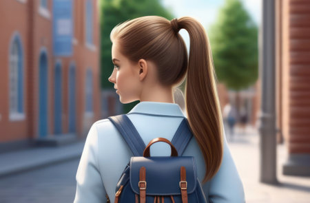 A girl with a ponytail and a backpack on her back goes to school. Getting an education.の素材