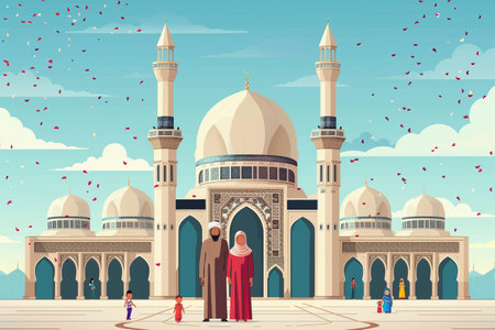 Muslim family husband and wife near the mosque. Religion and culture. Flat drawing.の素材