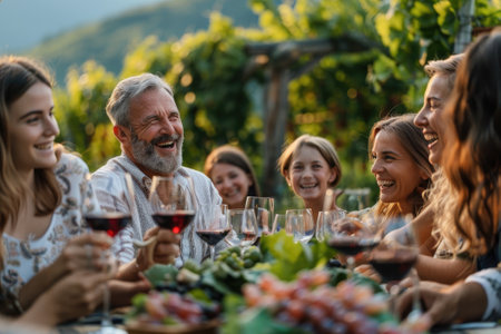 A large friendly family at the table drinks wine in the vineyards. Family of farmers.の素材
