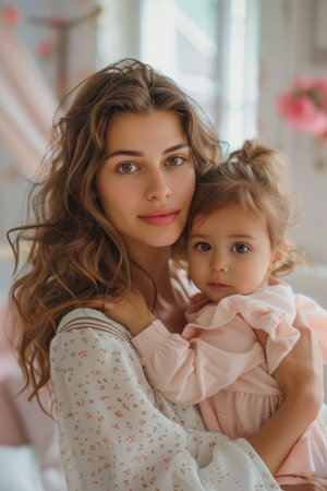 beautiful woman mother holding a child in her arms in a bright room, gentle colors, vertical.の素材
