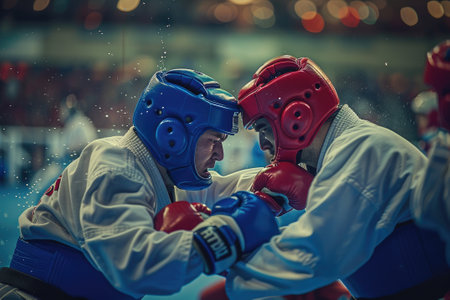 men in taekwando sparring at the Olympiad in the ring.の素材
