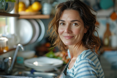 A woman housewife washes dishes in the kitchen. Housekeeping.の素材
