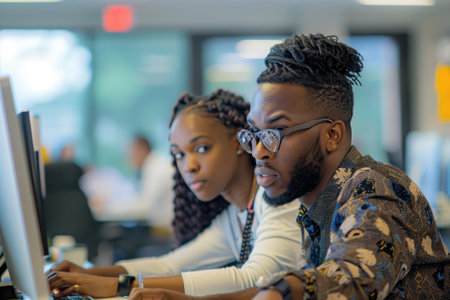 An African American man and woman are working together in an office at a computer. Business and technology.の素材