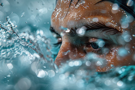 A swimmer in the water swims in competitions at the Olympic Games, close-up of his face.の素材