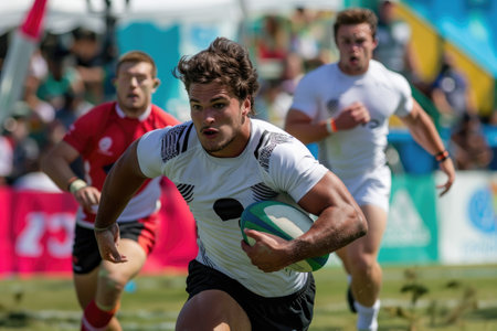 Olympic Games. Men's rugby match. An athlete with a ball in motion on a sports field.の素材