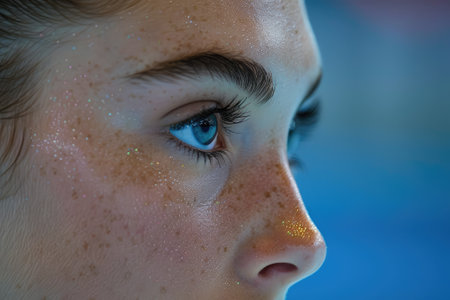 Side view of woman's eyes with painted eyelashes, skin with glitter. Artist's makeup.の素材