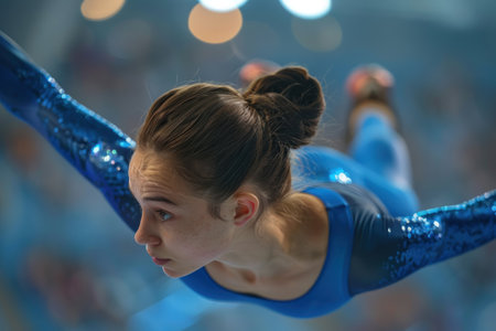 female athlete performing a gymnastic routine in flight. Sports competitions at the Olympic Games.の素材