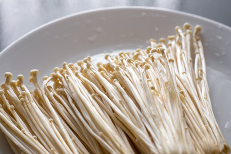Thin white enoki mushrooms on a white plate. Raw mushrooms washed for cooking, close-up.の写真素材