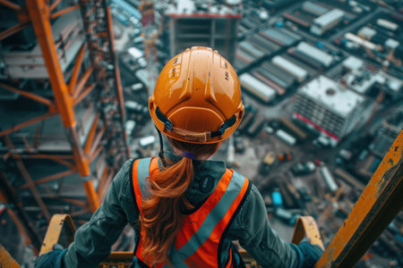 Young crane operator in the cabin of a tower crane..A red-haired female crane operator in a helmet and work clothes operates a tower crane at a construction site. View from above.の素材