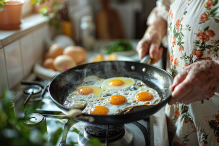 Grandma is cooking breakfast. Family breakfast. Fried eggs in a frying pan. Scrambled eggs.の素材