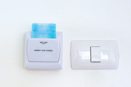 Using an electronic key card in a hotel room. Contactless card for access to premises and control...