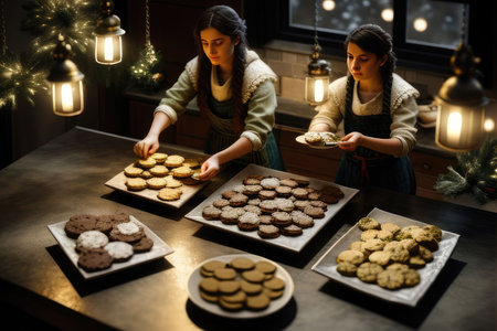 Christmas table with plates of baked goods. Two young women are making cookies for the holiday.の素材