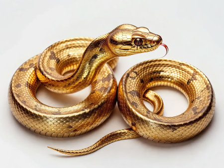 Golden snake coiled in a spiral on a white background. Predatory amphibian, symbol of Chinese New Year 2025.の素材