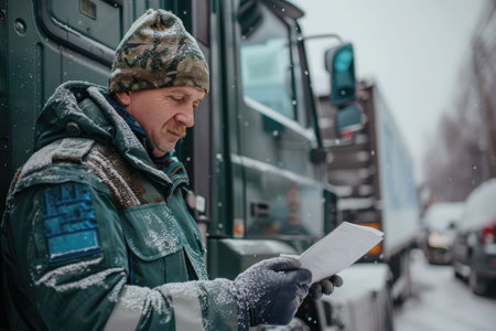 A transport inspection officer checks cargo transportation documents and inspects trucks. Customs point. Inspectionの素材