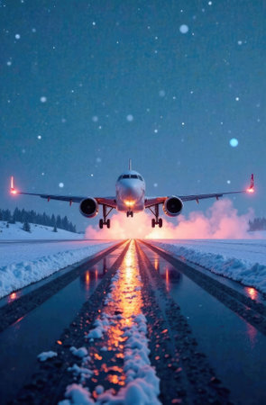 An airplane lands on a snow-covered runway at an airfield in the north. Air transport.の素材