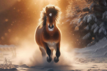 A young horse gallops through the snow in the rays of the winter sun, raising a dust of snowflakes.の素材