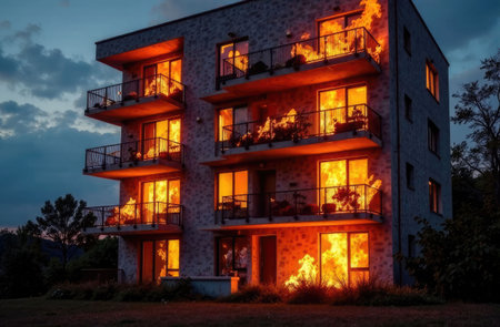 Fire in the house. An apartment building with windows from which tongues of flame are visible.の素材