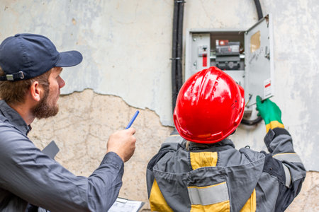 Workers check the operation of the electricity meter, check the readings of the metering device. Monitoring and controlling electricity consumption.の写真素材