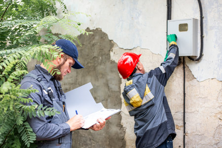 Workers check the operation of the electricity meter, check the readings of the metering device. Monitoring and controlling electricity consumption.の写真素材